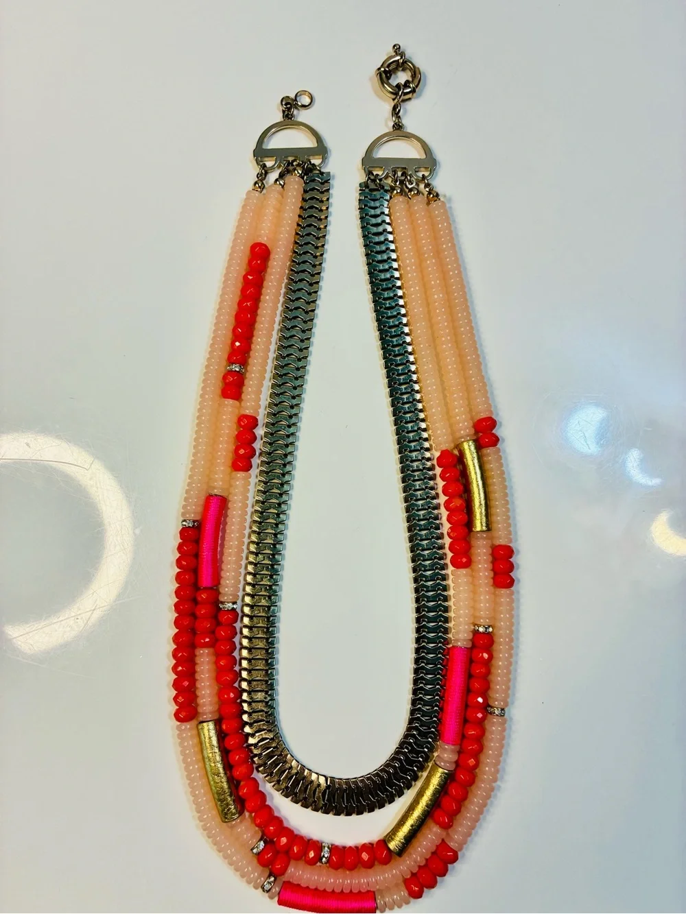 Layered Pink & Coral Beaded Statement Necklace with Gold Accents